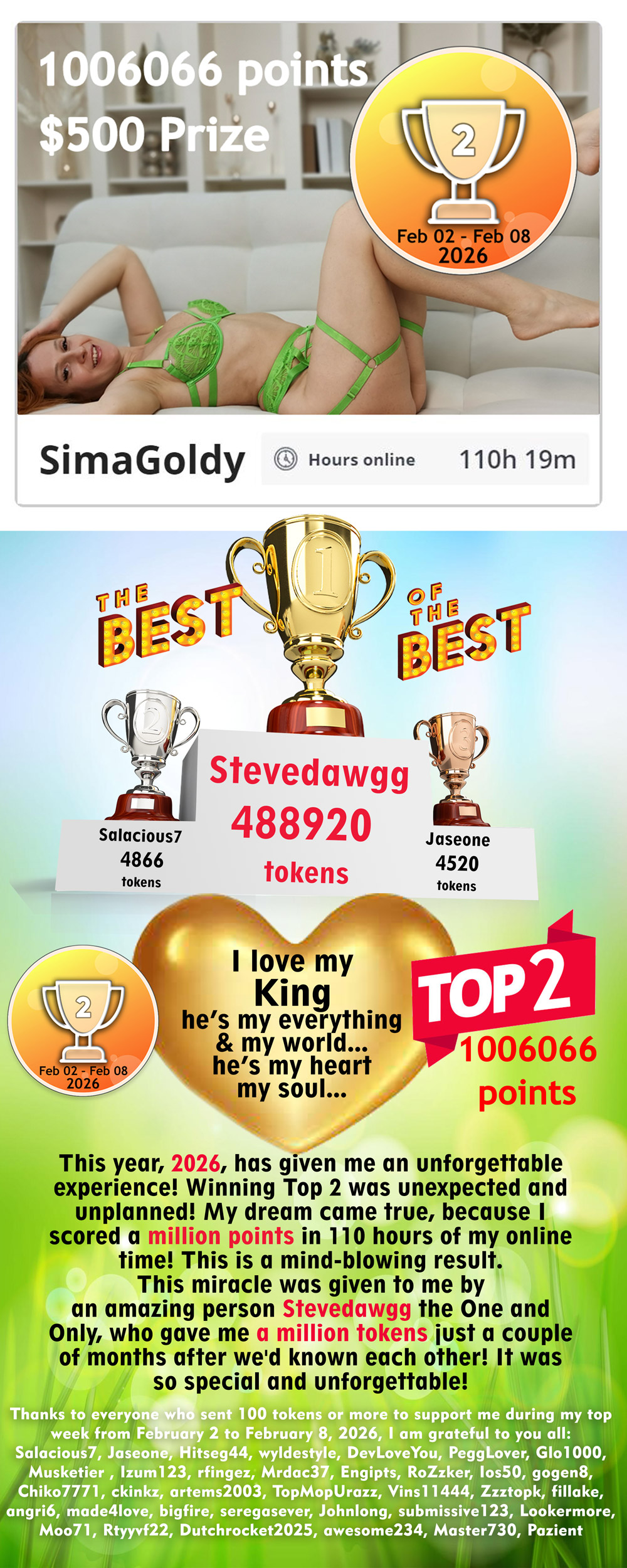 SimaGoldy Stevedawgg - My Super King! Thanks a lot for Awesome Top2 Win Feb 02 - Feb 08 2026 Year! image: 1