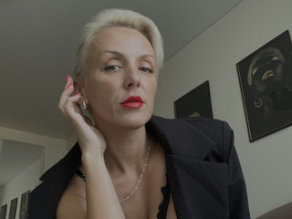 Strict look with red lipstick