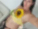 Yellow bra, black panties, gloves, sunflower
