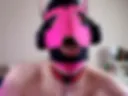 Pink puppy tongue plays with a lollipop
