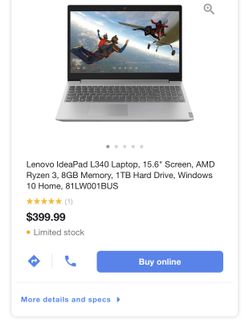 Lenovo IdeaPad L340 Laptop, 15.6" Screen, AMD Ryzen 3, 8GB Memory, 1TB Hard Drive, Windows 10 Home, 81LW001BUS