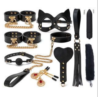 BDSM Set (collar, gag, blunder, whip, handcuffs, nipple clamps)