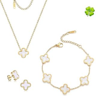 Juegos de trébol de la suerte, pulsera de cuatro hojas chapada en oro de 18 quilates, colgante de collar de trébol, aretes de trébol para mujer, juego de pulseras de eslabones de flores,